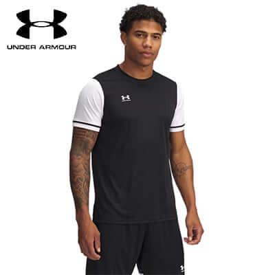 Under Armour Challenger Team Jersey worn by a male model, featuring black fabric and contrast white sleeves, ideal for soccer.