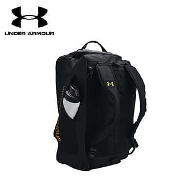 Under Armour Contain Duo Small Backpack Duffle features a side pocket for a water bottle, perfect for corporate gifts.