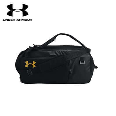 Under Armour Contain Duo Small Backpack Duffle in black with gold logo, ideal as a corporate gift.