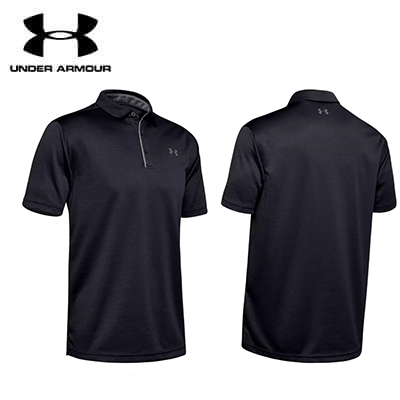 Under Armour SS Tech Polo Tee in black, perfect for corporate gifts and casual outings.