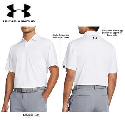 Under Armour T2G Polo LB in white, front and back view, showcasing logo details, ideal as a corporate gift.