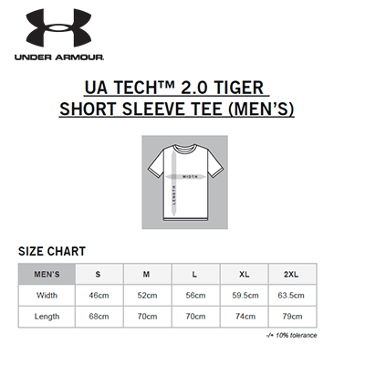 Size chart for Under Armour Tech Tiger Tee, featuring measurements for men's sizes S, M, L, XL, and 2XL.