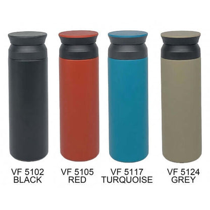 500ml Vacuum Flask with Matt Finishing in Black, Red, Turquoise, and Grey.