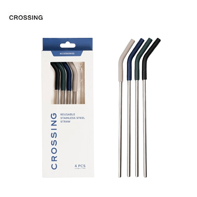Crossing Reusable Stainless Steel Straw 4-Pc Set with unique silicone tips for easy identification.