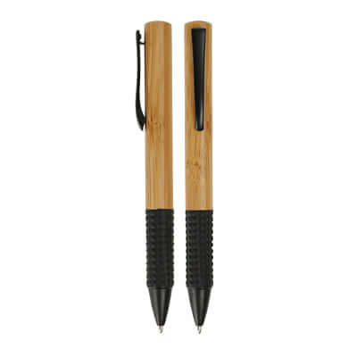 Eco-Friendly Bamboo Rubber Grip Pen showcased in natural brown with rubber grip, perfect for corporate gift ideas.