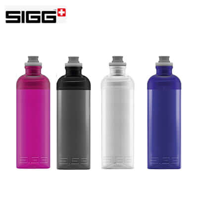 SIGG Sexy 600ml Water Bottle in four colors: pink, black, white, and purple for stylish hydration.
