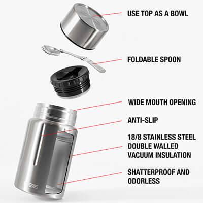 SIGG Gemstone FJ Selenite Food Jar 500ml features including wide mouth, foldable spoon, and double walled insulation.