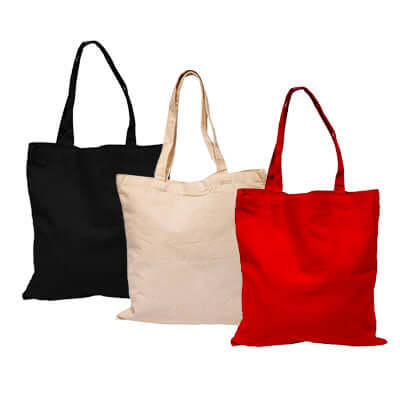 Three 10oz Canvas Bags in black, beige, and red, perfect as a stylish and durable corporate gift.