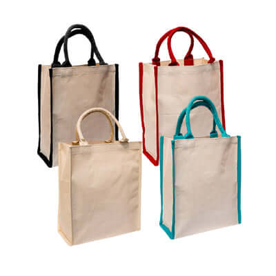 Laminated Canvas Tote Bag in four colors: beige, red, black, and sea blue, eco-friendly and stylish.