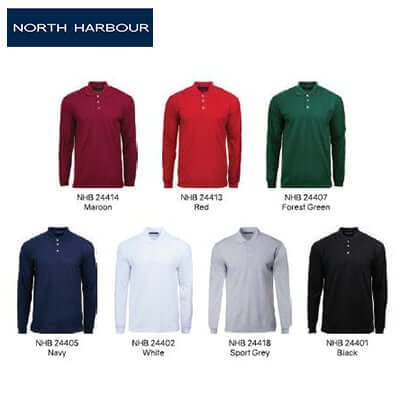 North Harbour 24400 Long Sleeve Soft-Touch Polo T-Shirt available in maroon, red, forest green, navy, white, sport grey, and black.