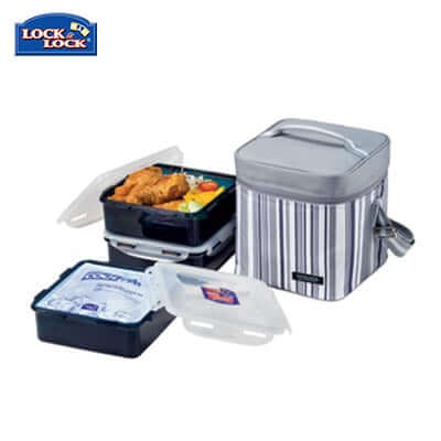Lock & Lock 3 Pieces Lunch Box Set 1.2L with food organized in containers and a cool pack.