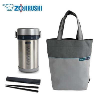 ZOJIRUSHI Stainless Steel Obento Lunch Set with tote bag and chopsticks.