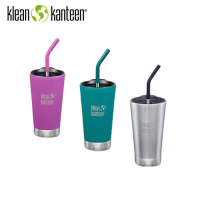 Klean Kanteen Insulated Tumbler 16oz with Straw Lid in pink, teal, and stainless steel finish.