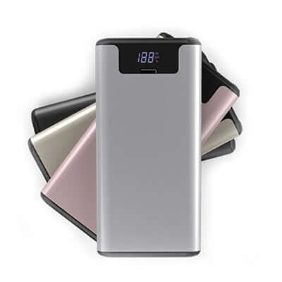 10000mAh Power Bank with Digital Display in silver, black, and rose gold, showcasing digital charge level.