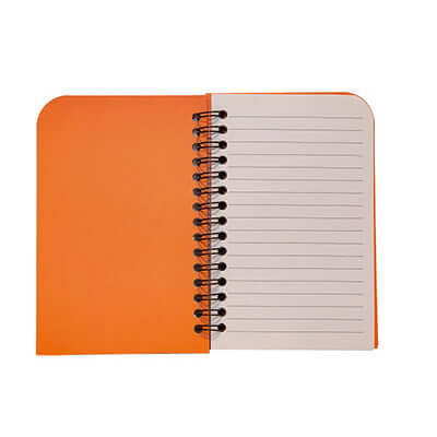 Eco Notepad with Pen and Colour Tabs open showing lined pages in vibrant orange cover, ideal for note-taking.