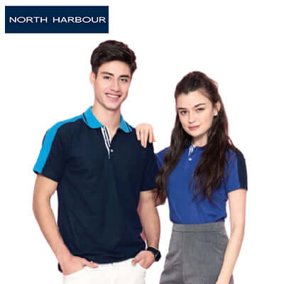 North Harbour 2500 Muller Polo T-Shirt worn by a man and woman, showcasing stylish design and color contrast.