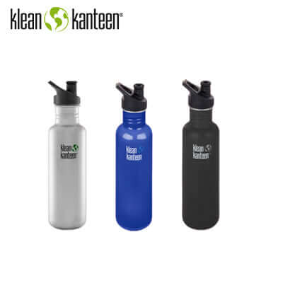 Klean Kanteen Classic 27oz Water Bottle with Sport Cap in silver, blue, and black colors.