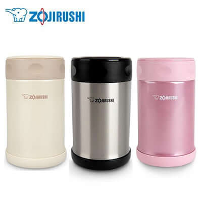ZOJIRUSHI Vacuum Food Jar collection showcasing three colors: white, stainless steel, and pink, ideal for corporate gifts.