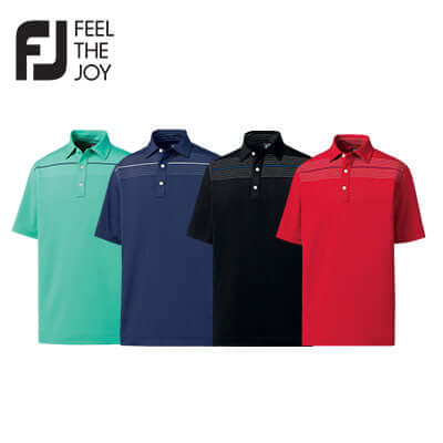 Footjoy Stretch Lisle Engineered Chest Pinstripe Polo T-Shirt in four colors: green, navy, black, and red.
