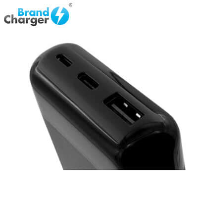 Close-up of the ports on the BrandCharger 10000mAh Powerbank XL, ideal for corporate gift solutions.