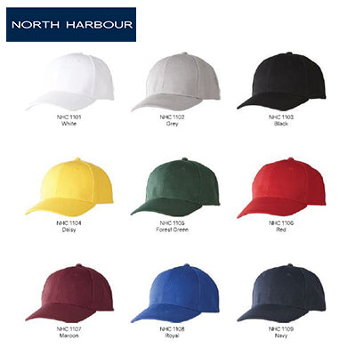 Variety of North Harbour 1100 Baseball Caps in different colors including white, grey, black, and red.