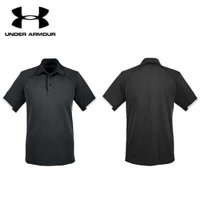 Under Armour Corp Rival Polo Shirt in black, showcasing front and back views, ideal for corporate gifts.