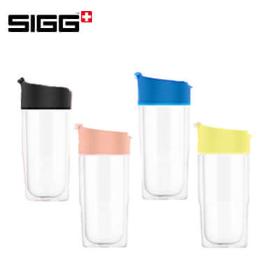 SIGG Nova Mug 370ml in black, blue, pink, and yellow with flip-top lids