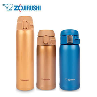 Three ZOJIRUSHI Stainless Mug Bottles in vibrant colors, perfect for corporate gifts and hydration.