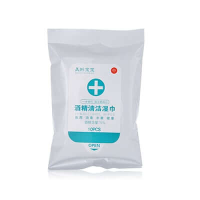 75% Alcohol Wet Wipes packet containing 10 non-woven wipes for effective sanitization on-the-go.