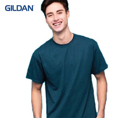 Gildan Adult T-Shirt model wearing comfortable blue t-shirt, suitable for everyday wear and corporate gift.