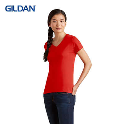 Gildan Cotton Ladies V-Neck T-Shirt in red, ideal for casual wear and corporate gifts.