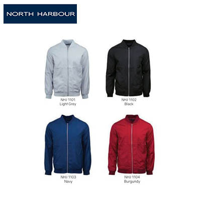 North Harbour Signature Bomber Jacket in light grey, black, navy, and burgundy colors.