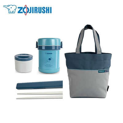 ZOJIRUSHI Stainless Steel Obento Lunch Set including bowls, chopsticks, and a tote bag for convenient meals on the go.