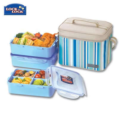 Lock & Lock 3 Pieces Lunch Box Set 1.6L with food, including sealed containers and a striped carrying bag.