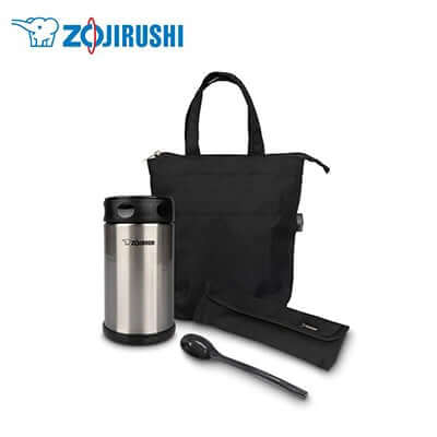 ZOJIRUSHI Stainless Steel Food Jar Set 0.75L including tote bag and utensils for easy meal transport.