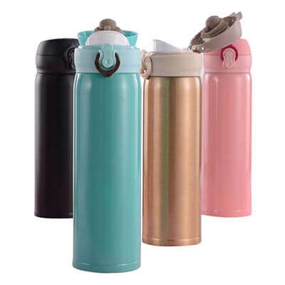 Stainless Steel Thermos Flask in black, turquoise, gold, and pink colors for hot or cold drinks.