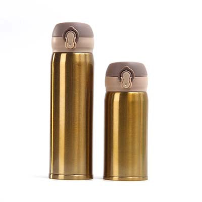 Double Wall Stainless Steel Vacuum Flask in gold, perfect for beverages and corporate gifts.