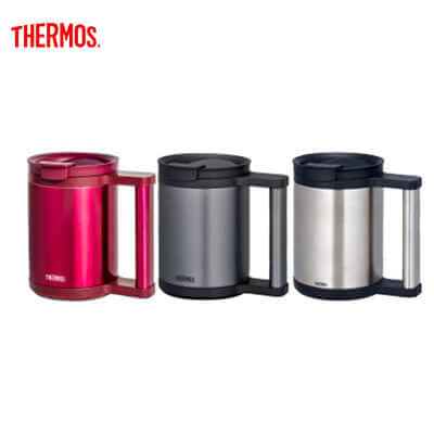 Thermos 280ml Mug with Handle in red, silver, and black colors shown together.