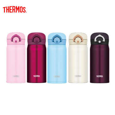 Thermos 350ml Ultra-Light One Push Tumbler array in five colors including pink, red, blue, white, and purple.