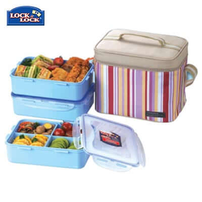 Lock & Lock 3 Pieces Lunch Box Set 1.6L with colorful meal containers and insulated bag for fresh meals.