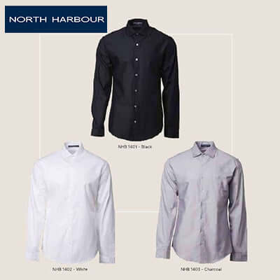 North Harbour Premium Oxford Shirt collection featuring black, white, and charcoal variations for versatile styling.