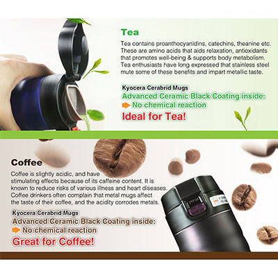 Kyocera Advanced Ceramic Cerabrid Mug features for tea and coffee, highlighting no chemical reaction and ideal for beverages.