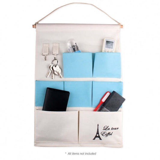 Hanging Pocket Organizer in beige with blue pockets, ideal for decluttering and organizes essentials, perfect for a Corporate Gift.