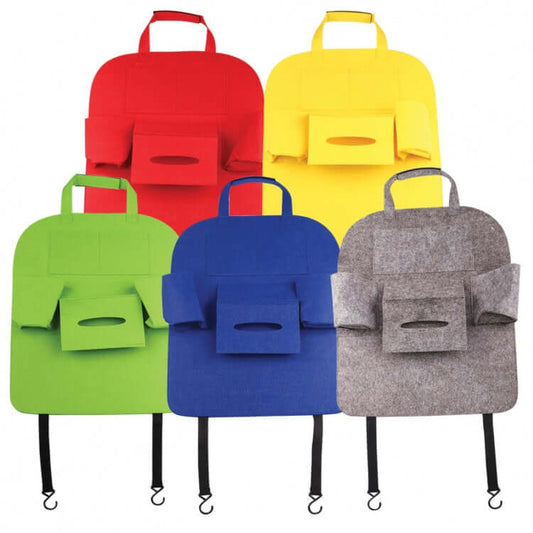 Car Back Seat Organizer collection in various colors including red, yellow, green, blue, and grey for corporate gifts.