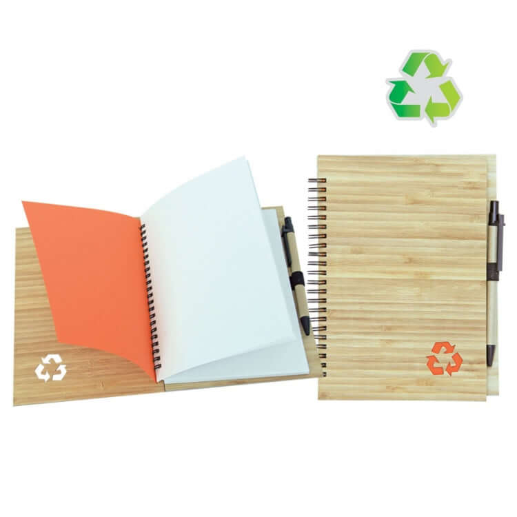 Bamboo Cover Notebook With Pen featuring colorful pages and a bamboo cover, ideal for eco-friendly note-taking.