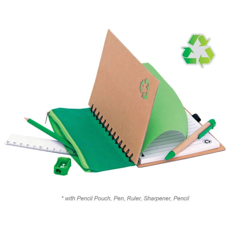 Eco Notebook with Stationary Pouch open with pencil pouch, pen, ruler, sharpener in green and brown colors.