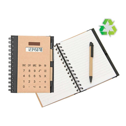 Notebook With Calculator & Pen showcasing a calculator cover, pen, and open pages, ideal as a corporate gift.