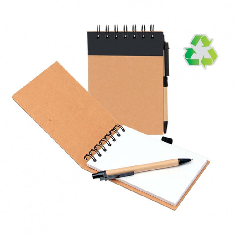 Eco Notepad with Pen featuring a spiral design and pen, ideal for sustainable note-taking and corporate gifts.
