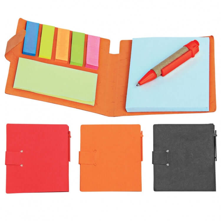 Memopad With Pen featuring vibrant colors red, black, and orange, ideal for corporate gift and note-taking.