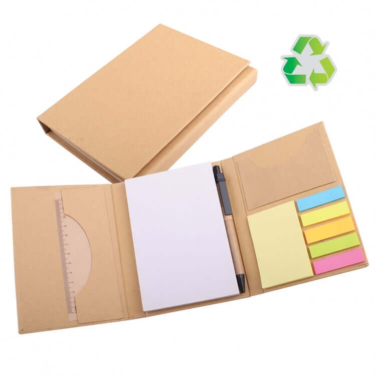 Eco Memopad With Pen & Ruler in brown with sticky notes and ruler for sustainable corporate gifting.